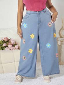 SHEIN CURVE+ Plus碼花卉印花寬腿牛仔褲