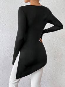 SHEIN Privé Của phụ nữ Thon gọn Kiểu Dài Áo thun Với Bên Khe - màu đen - Xem 2