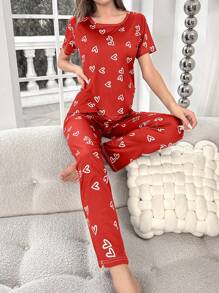 Heart Print PJ Set / Pajama Set - Red - View 6