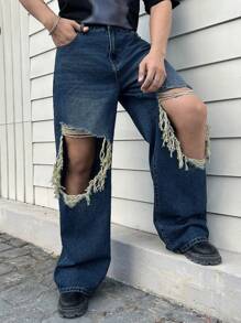 Manfinity Roghcode Men's Distressed Wide Leg Jeans With Washed Effect - Blue - View 5