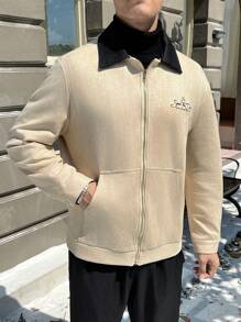 Manfinity Homme Nam Lỏng lẻo phù hợp Áo khoác Với In thư Và Cổ áo tương phản - Màu Khaki - Xem 3