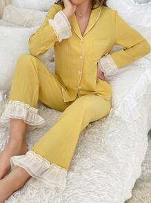 Contrast Ruffle Trim PJ Set / Pajama Set - Yellow - View 1