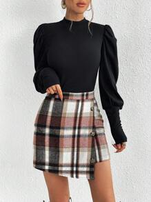 SHEIN Privé 高領半袖蓬蓬袖t恤和格子裙 - 彩色 - 查看 4