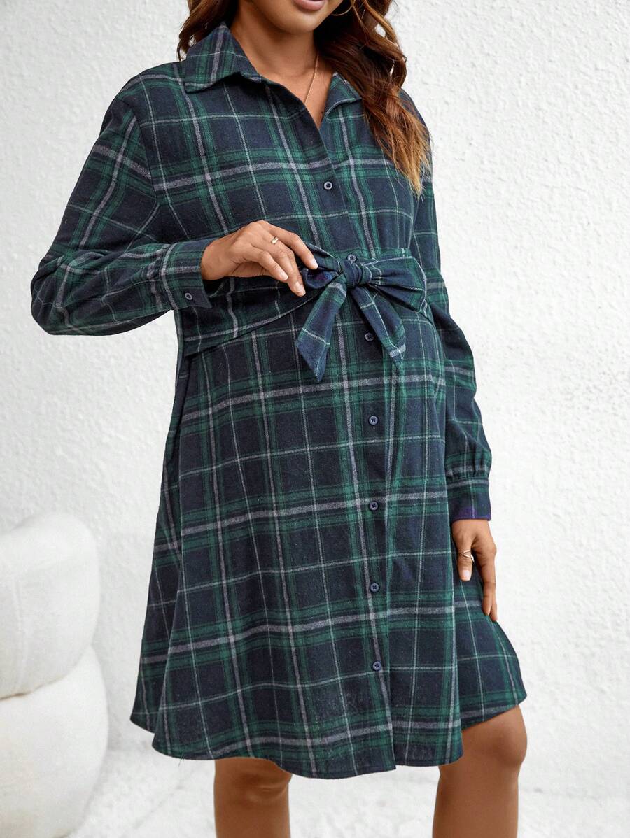 SHEIN Maternity Plaid Belted Dress - Navy Blue - View 1