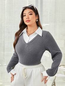 SHEIN EZwear 顯瘦外穿2合1大尺碼t恤,色塊拼接,有落肩設計和便利的撞色翻領 - 深灰色 - 查看 3