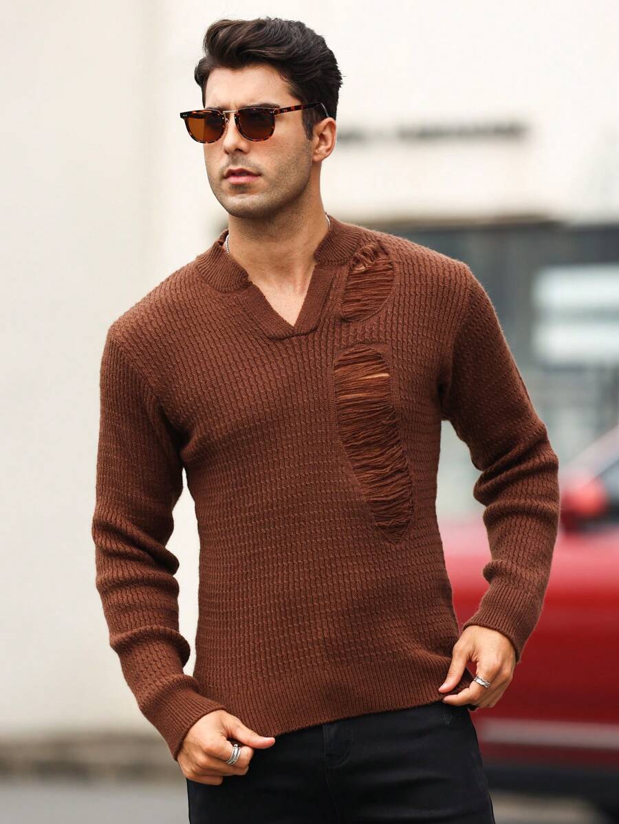 Manfinity Homme Hombres Jersey desgarro de cuello de muesca - Café integral - Ver 1