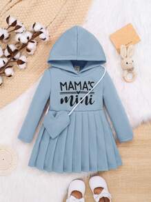 SHEIN Đứa bé gái Đồ họa Chữ cái Viền xếp Đầm có mũ Có túi - Màu xanh lam - Xem 1