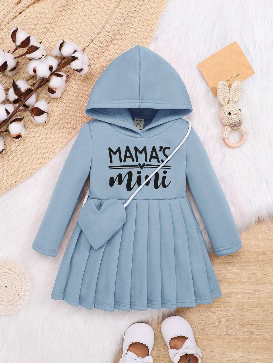SHEIN Đứa bé gái Đồ họa Chữ cái Viền xếp Đầm có mũ Có túi - Màu xanh lam - Xem 1