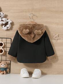 SHEIN Baby Boy Teddy Lined 3D Ear Design Hooded Coat - Black - View 2