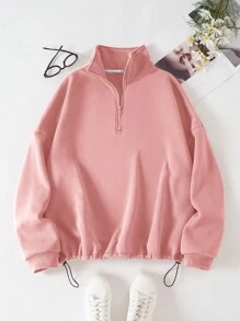 INAWLY Plus Size Drop Shoulder Zipper Half Placket Sweatshirt