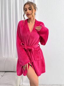 روب نسائي بحزام بلون سادة - روز أحمر - مشاهدة 1