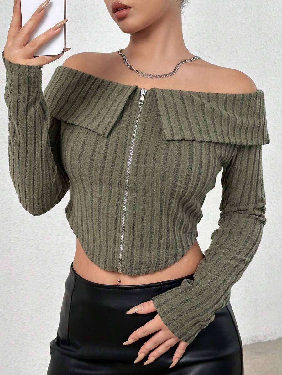 SHEIN Unity Off Shoulder Front Zipper Cropped T-shirt - Army Green - View 1