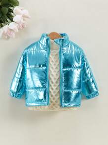 男嬰加厚保暖外套,亮澤藍色,適合冬季休閒或日常穿著 - 藍色 - 查看 3