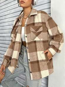 SHEIN Unity Plaid Print Drop Shoulder Coat - Khaki - View 3