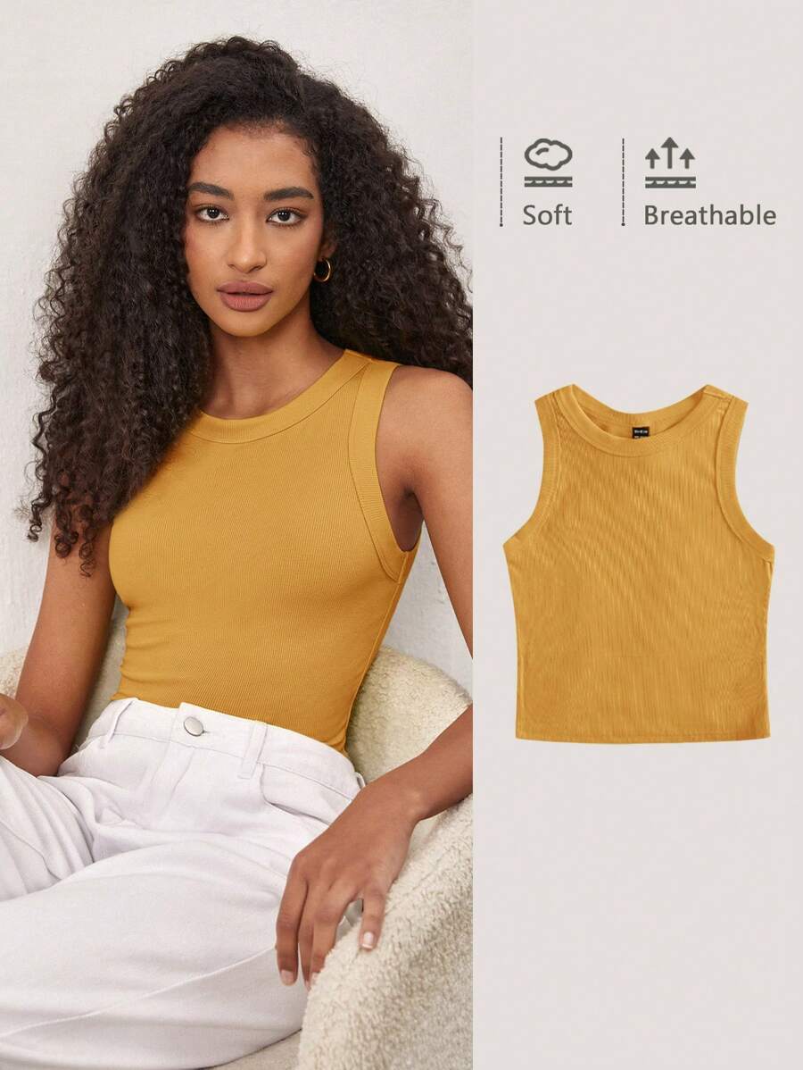 SHEIN BASICS Camiseta sin mangas casual de color liso con cuello redondo y textura acanalada para mujer, verano - Mostaza Amarilla - Ver 1