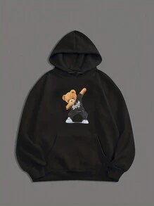 男士連帽衛衣帶絨毛小熊印花 - 黑色 - 查看 1