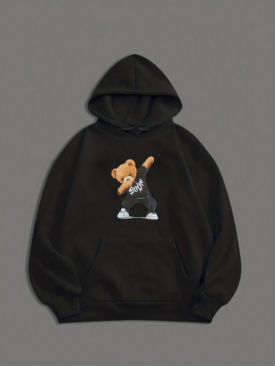 男士連帽衛衣帶絨毛小熊印花 - 黑色 - 查看 1