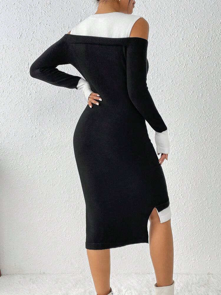 Two Tone Cold Shoulder Split Hem Sweater Dress