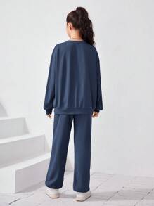 SHEIN 青少女字母拼接掉肩上衣和運動長褲 - 水鴨藍 - 查看 2