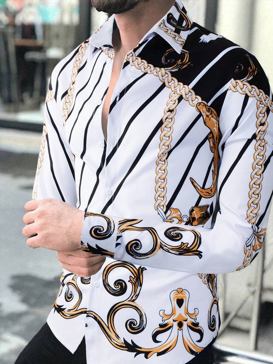Manfinity AFTRDRK Men Chain Printed Button Up Long Sleeve Shirt, Fall - White - View 1
