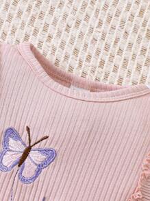 Baby Girl Butterfly Embroidery Ruffle Edge Footed Jumpsuit Pajamas Holiday Travel Releax Summer Clothes Cotton - Dusty Pink - View 5