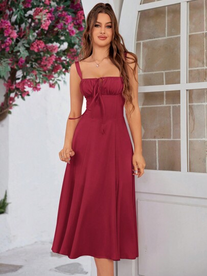 PARTHEA Elegant Solid Color Cross Tie Backless Camisole Dress Summer Red