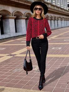 SHEIN Clasi 女性幾何樣式套頭毛衣 - 紅色 - 查看 5