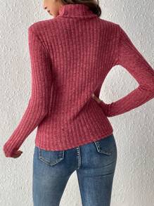 SHEIN Frenchy Camiseta de cuello tortuga tejido de canalé - Burdeos - Ver 2