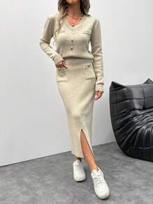 EURMUSE Women's Solid Color Button Design V-Neck Long Sleeve Sweater And Split Hem Knit Midi Skirt 2-Piece Set, Autumn/Winter