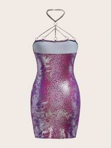 SHEIN ICON Leopard Print Chain Detail Halter Neck Bodycon Dress