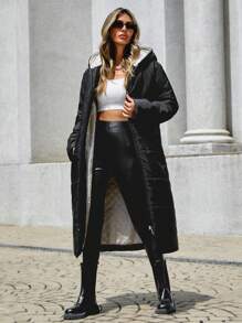 EURMUSE Zipper Front Hooded Padded Jacket With Side Pockets - Black - View 1