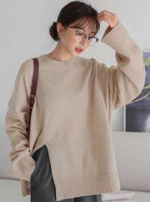 DAZY Drop Shoulder Split Hem Sweater - Apricot - View 3