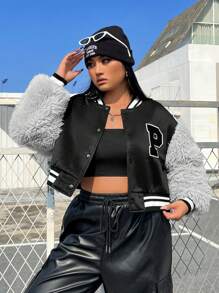 SHEIN EZwear Hơn Thư được vá Sọc trang trí Thả vai Áo khoác - màu đen - Xem 4