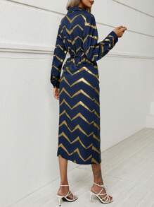 SHEIN Clasi Gold Chevron Print Knot Side Wrap Dress - Navy Blue - View 2
