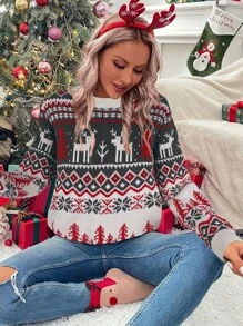 SHEIN LUNE Suéter Con Cuello Redondo Y Patrón Navideño - Multicolor - Ver 1