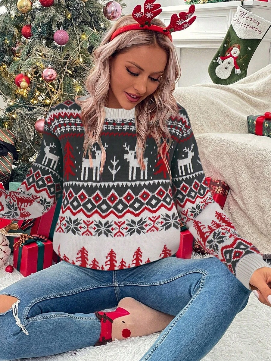 SHEIN LUNE Suéter Con Cuello Redondo Y Patrón Navideño - Multicolor - Ver 1