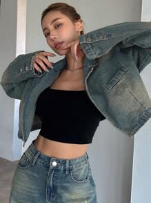 Dazy Star Women'S Drop Shoulder Water Wash Denim Jacket With Open Front - Medium Wash - View 8