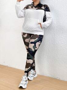 Flirla Plus Camo Print Colorblock Sweatshirt & Sweatpants Fall Cloth For Women - Army Green - View 3