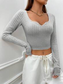 SHEIN Clasi Tay áo dài Mùa vụ Áo thun - Xám - Xem 1