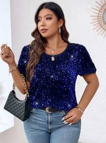 SHEIN Clasi Plus Size Short Sleeve Top With Sequin Detailing On Round Neck - Violet Purple - View 5