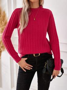 SHEIN Privé Solid Color Waffle Knit Sweater - Hot Pink - View 6