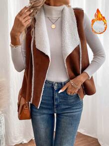 SHEIN LUNE Cổ áo thác nước Lót Teddy Áo vest - màu nâu - Xem 1