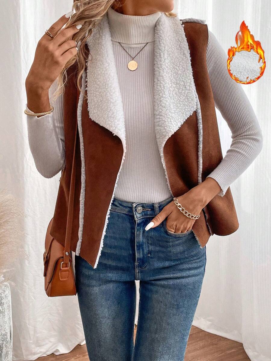 SHEIN LUNE Cổ áo thác nước Lót Teddy Áo vest - màu nâu - Xem 1