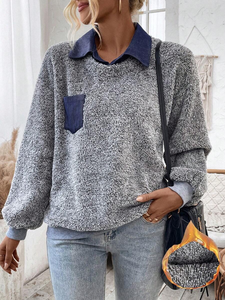 Chiquease Sudadera cálida de mujer 2 en 1 con empalme para otoño invierno - Gris - Ver 1