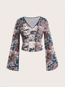 ROMWE Hippie Patchwork Print V-neck Long Sleeve T-shirt