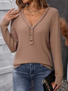 SHEIN LUNE 半排扣羅紋針織T恤 - 卡其色 - 查看 3