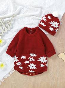 Baby Girls' Pattern Printed Raglan Sleeve Sweater Romper With Hat - Burgundy - View 1