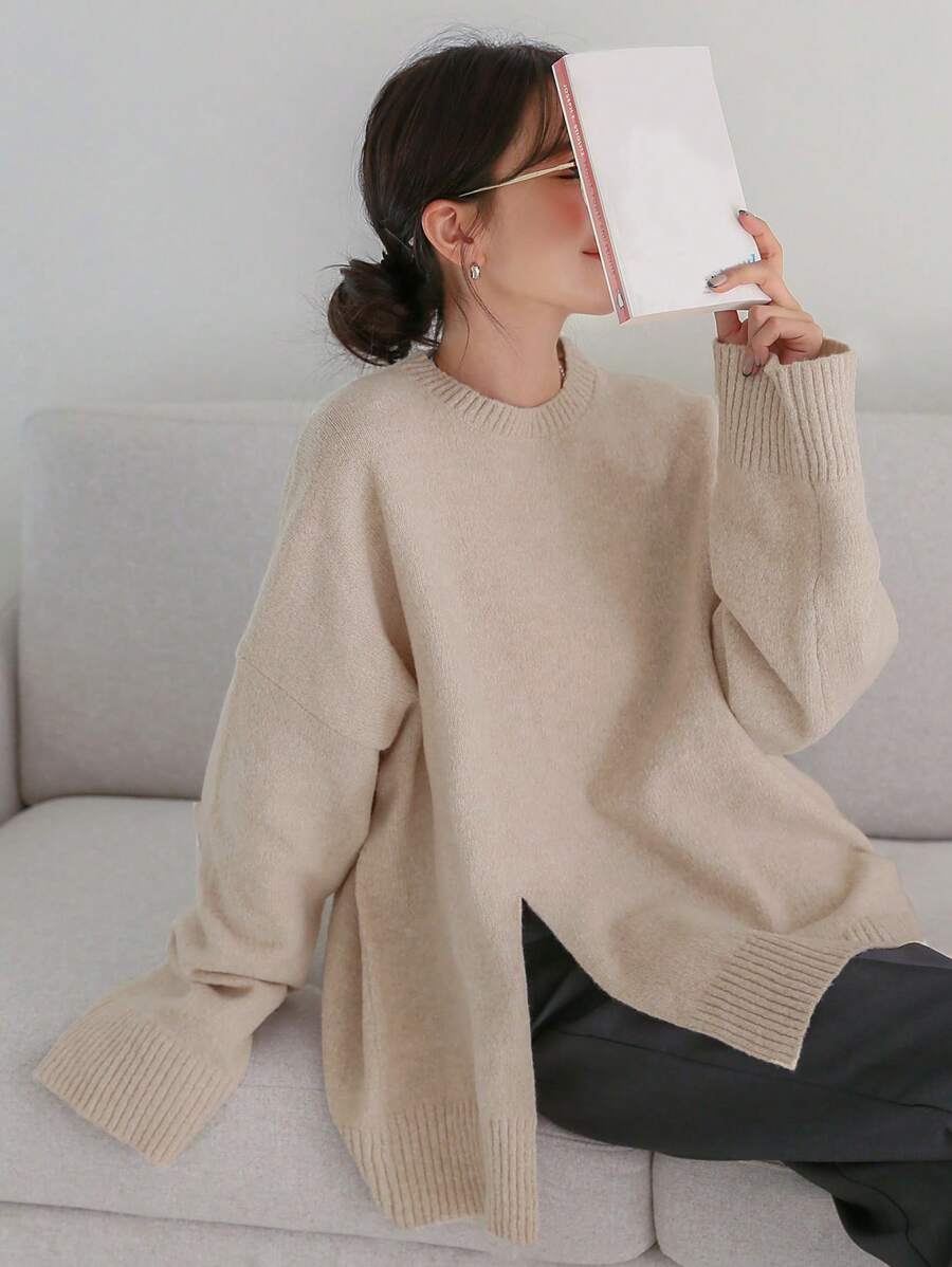 DAZY Drop Shoulder Split Hem Sweater - Apricot - View 1