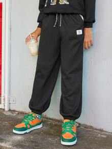 SHEIN 男孩鬆身針織運動長褲,字母拼接設計 - 黑色 - 查看 5