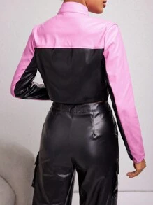 SHEIN PETITE 女士拼色不对称下摆机车夹克 - 玫紅色 - 查看 2